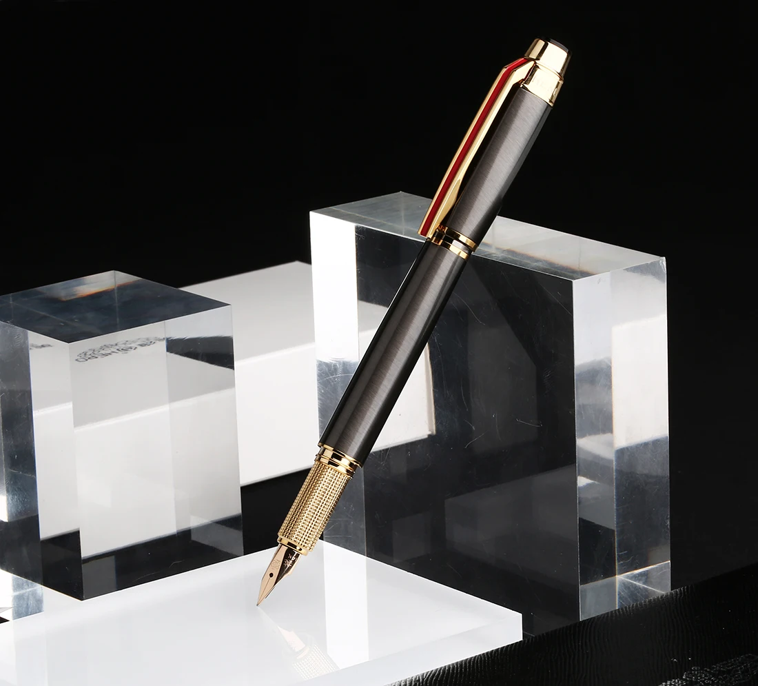 Tanie Hero 200E 14K Gold Collection Pióro Wieczne Matowy Czarny/szary Złoty/srebrny Klips Fine Stalówka Prezent Pióro I Pudełko Do Biura Biznesowego