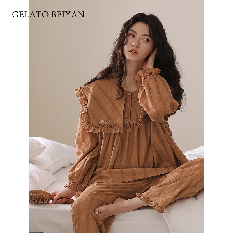 Spring and Autumn Women's Cotton Pajamas Cute Casual Woven Cotton Long-Sleeve Suit Loose Large Size Women's Home Wear