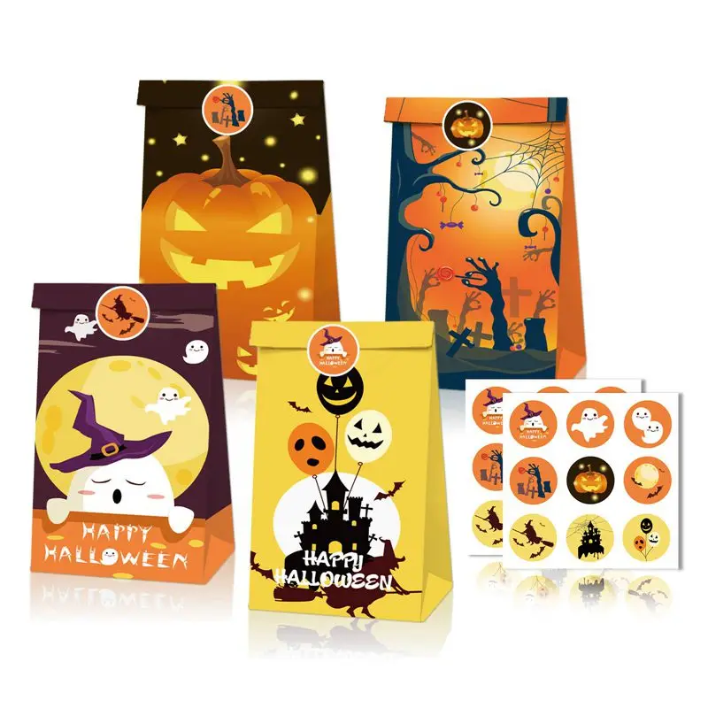 1set Halloween Pumpkin ghost pattern Kraft 12pcs Candy Bag and 2pcs stickers Creative Durable Halloween Gift Cookie Snack Bags