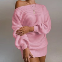 the hottest ladies casual off shoulder lantern sleeve knitted sweater dress