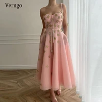 verngo 2021 pink a line short prom dresses with gold stars one straps pockets party evening gowns tea length formal event dress