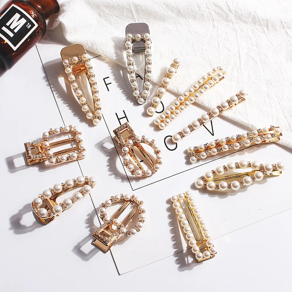 

Net red wind pearl hairpin sweet metal rhinestone bangs clip geometric hairpin side clip