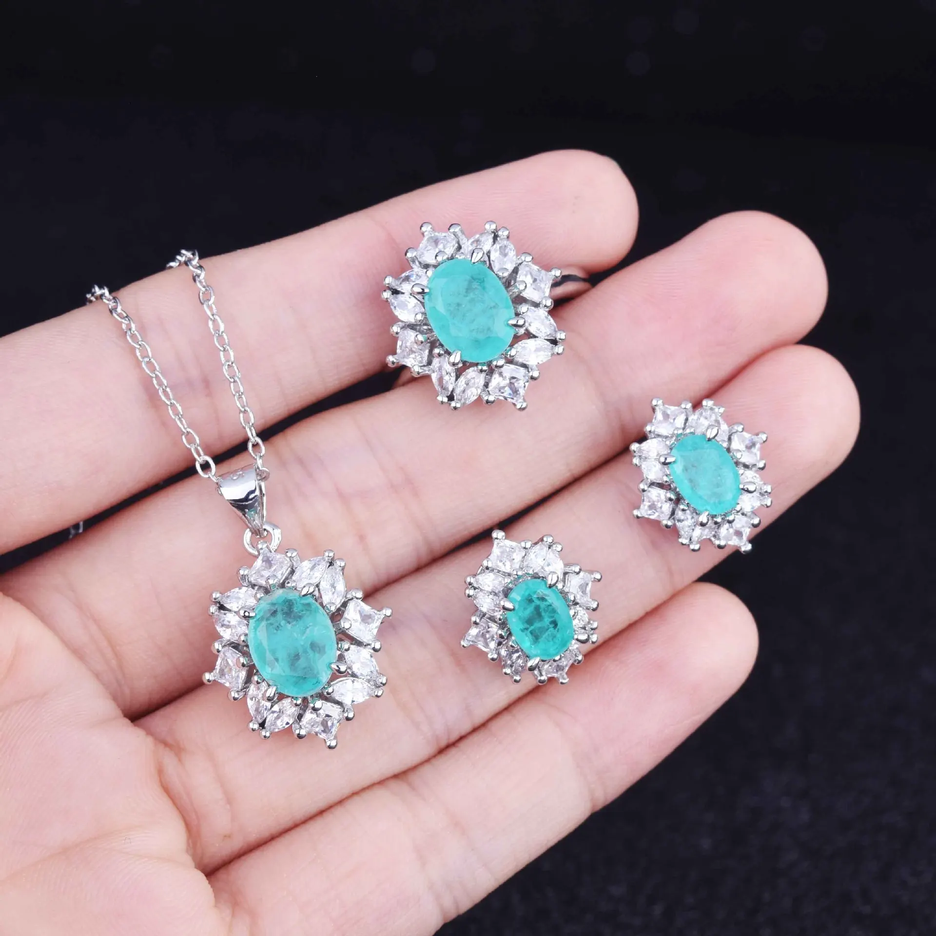 

BLACK ANGEL Imitation Natural Paraiba Jewelry Suit 925 Silver Inlaid Gemstone Earrings Pendant Necklace Ring Female Wedding Gift