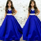 Королевский синий нарядное платье для девочек с белыми кружевными драгоценными камнями для малышей младенцев атласное длинное Недорогое Платье для первого причастия с цветами для девочек