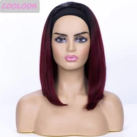 ombre red straight shoulder length headband wigs for black women 16natural synthetic cosplay wigs with scarf female false hair