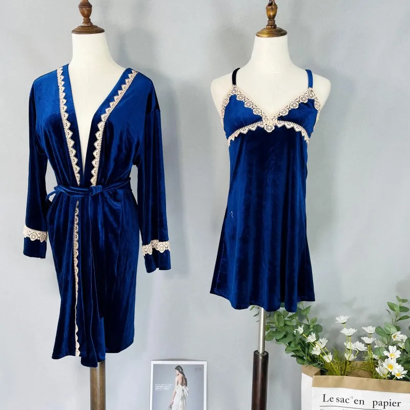 

Wedding Robe Set Women Velvet Kimono Bathrobe Gown Sexy Lace Sleepwear Nightgown Autumn Suspender Nightdress Suit Home Clothes