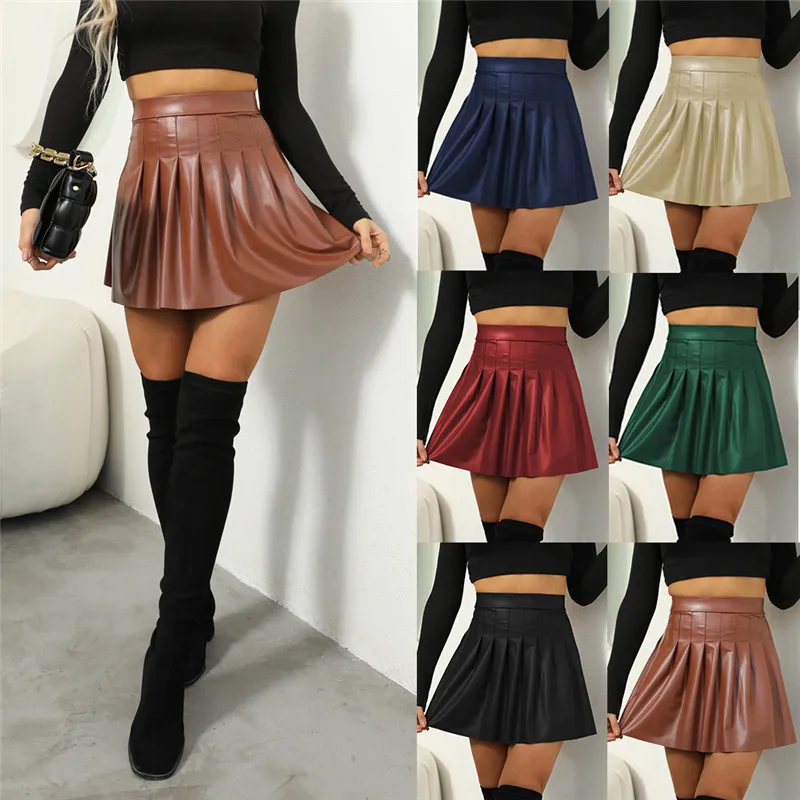 Sexy PU Leather Mini skirts Women High Waist Pleated Latex A-Line Circle Skirt Rave Dance Bottoms  Clubwear Skirts Female