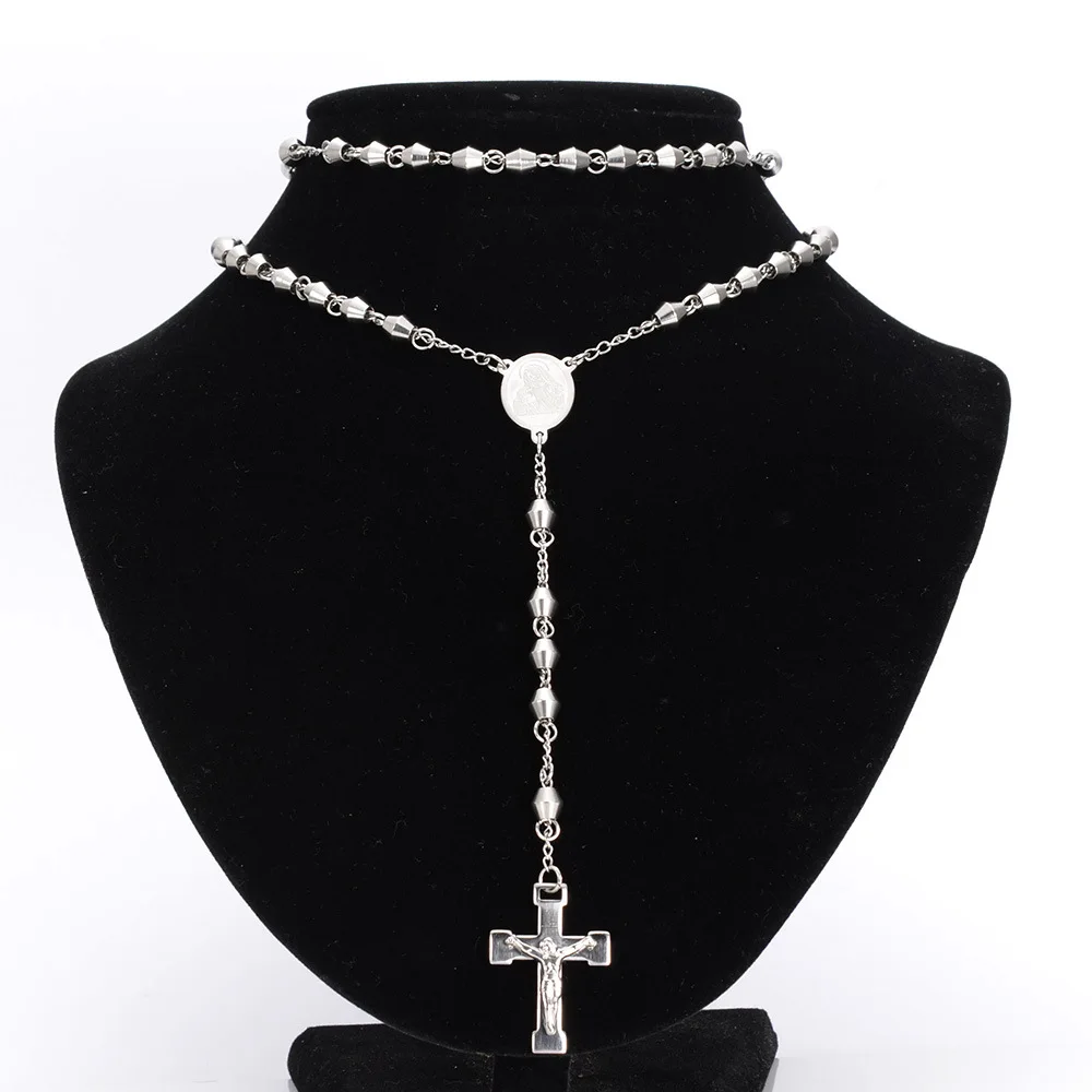 6mm Stainless Steel Bead Chain Rosary for men Jesus Cross Pendant Long Necklace High quality chain rosaries wholesale | Украшения и