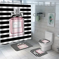 Perfume Bathroom Decoration Set Black and White Striped Shower Curtain Quick-dry Carpet Toilet Mat Set Butterfly Flower Mats