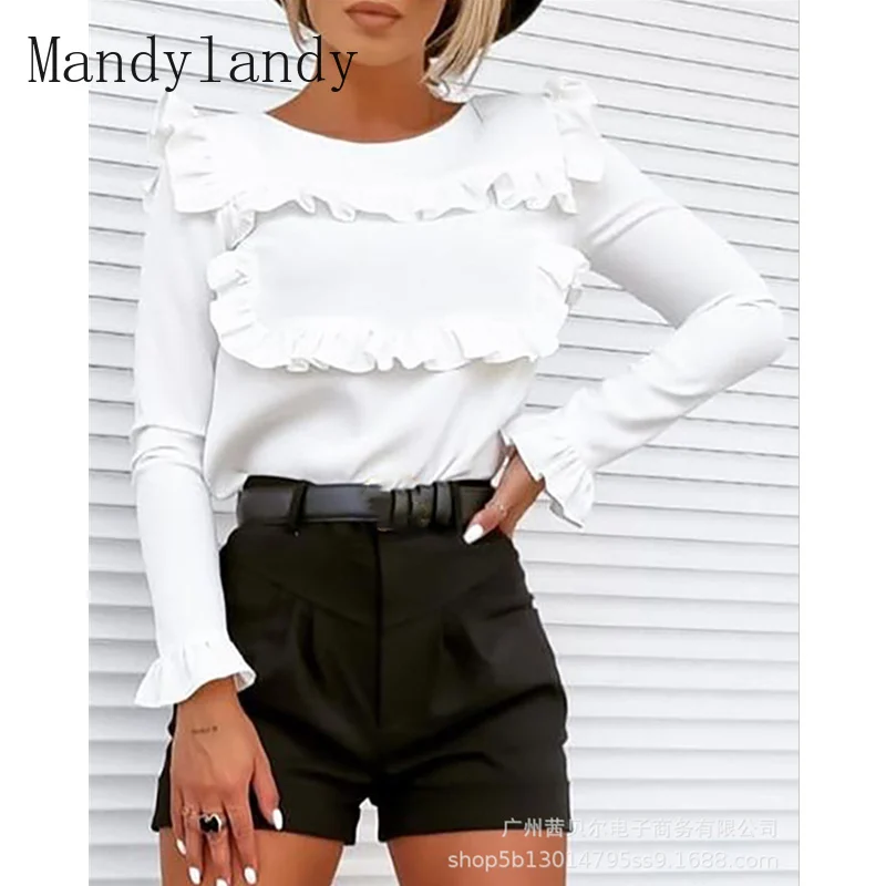 

Mandylandy Women's Elegant Ruffle Shirt Top Lady Sexy New Fashion Long Sleeve O Neck Slim Fit T-shirt
