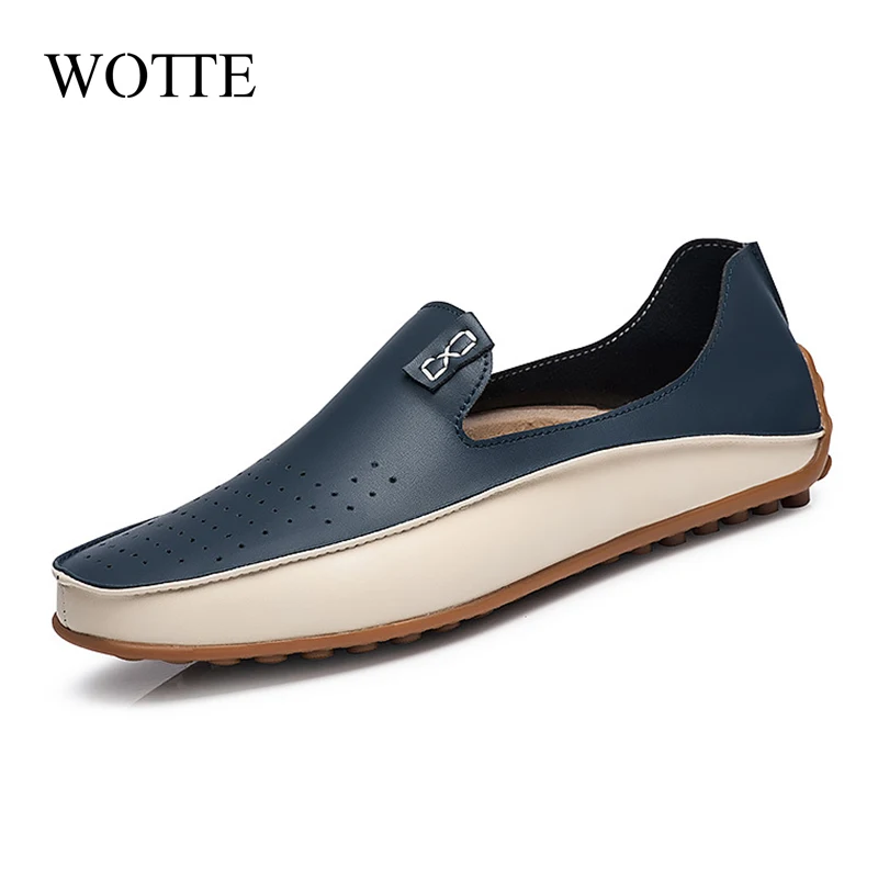 

WOTTE Men Leather Casual Loafers Spring Flats Slip-on Breathable Moccasins Autumn Punching Drive Casual Shoes Outdoor Plus Size