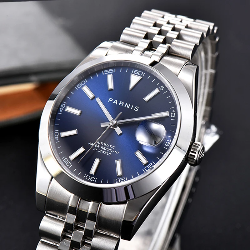 

Parnis 39.5mm Blue Dial Men's Watches Calendar Japan Miyota 8215 Movement Sapphire Crystal Automatic Mechanical Men Wristwatch