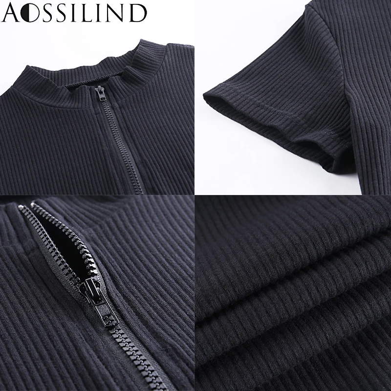 

AOSSILIND Black ribbed short sleeve turtleneck zipper sexy bodycon Mini dresses women casual sheath summer party club dresses