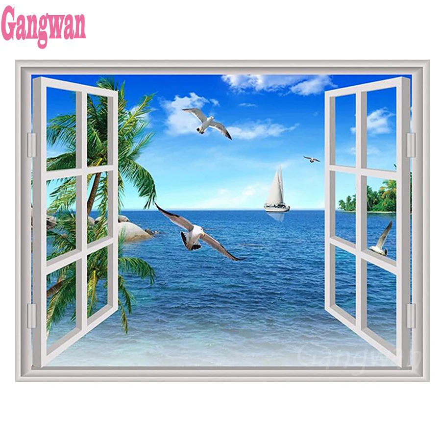 

Чайка, морской пейзаж DIY Алмазная мозаика, стразы, картины, алмазная вышивка, окно, алмазная живопись, полная квадратная круглая дрель, искус...