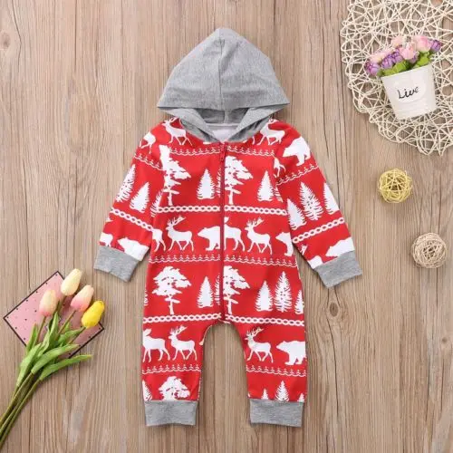 

Baby Boy Girl Christmas Romper Long Sleeves Hooded Jumpsuit Deer Bear Clothes Zipper Outfits
