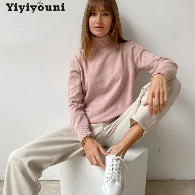 

Yiyiyouni Casual Turtleneck Sweater Women Autumn Winter Basic Long Sleeve Knitted Pullovers Women Oversized Solid Sweater Female