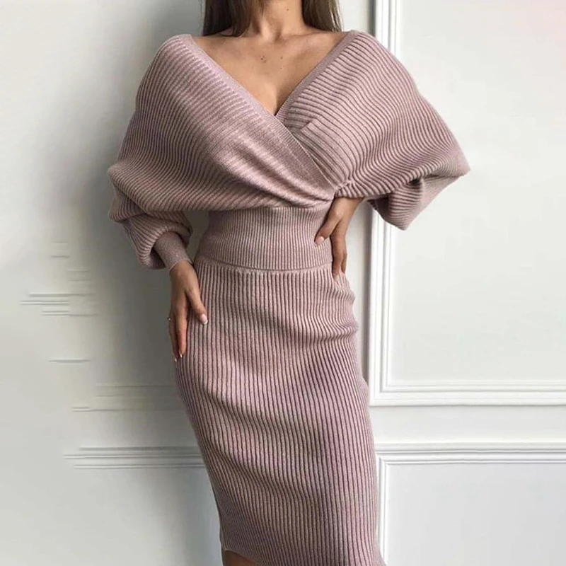 Женские платья вязаные городские повседневные однотонные с v образным вырезом и