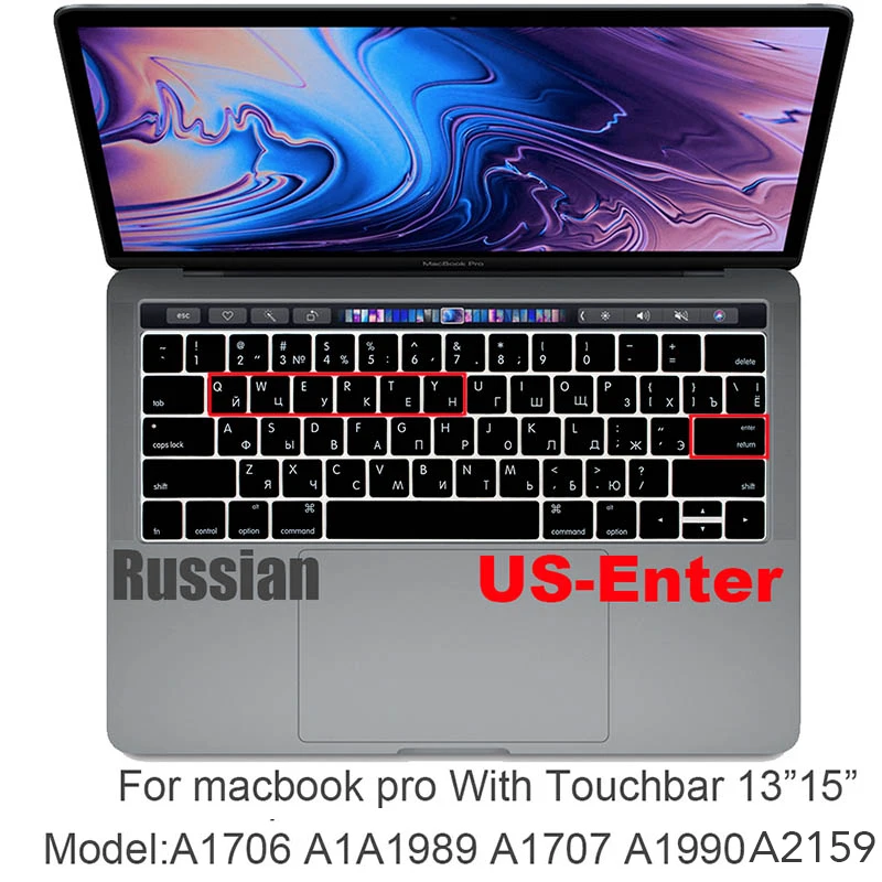 New pro13 15US-Enter Русский ЕС и США-введите Клавиатура Обложка протектор для Macbook Pro 13Air 11 12 15 Сенсорная панель Модель A1706/A1466 A1707/A1990/A1398/A1534 - Цвет: New pro13 15US-Enter
