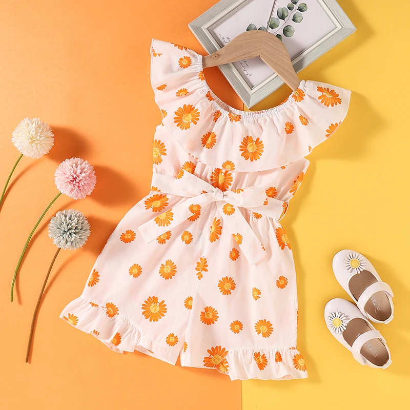 

Girls Summer Casual Sleeveless Jumpsuit Fresh Daisy Printed Ruffles Bandage One-piece Short Pants