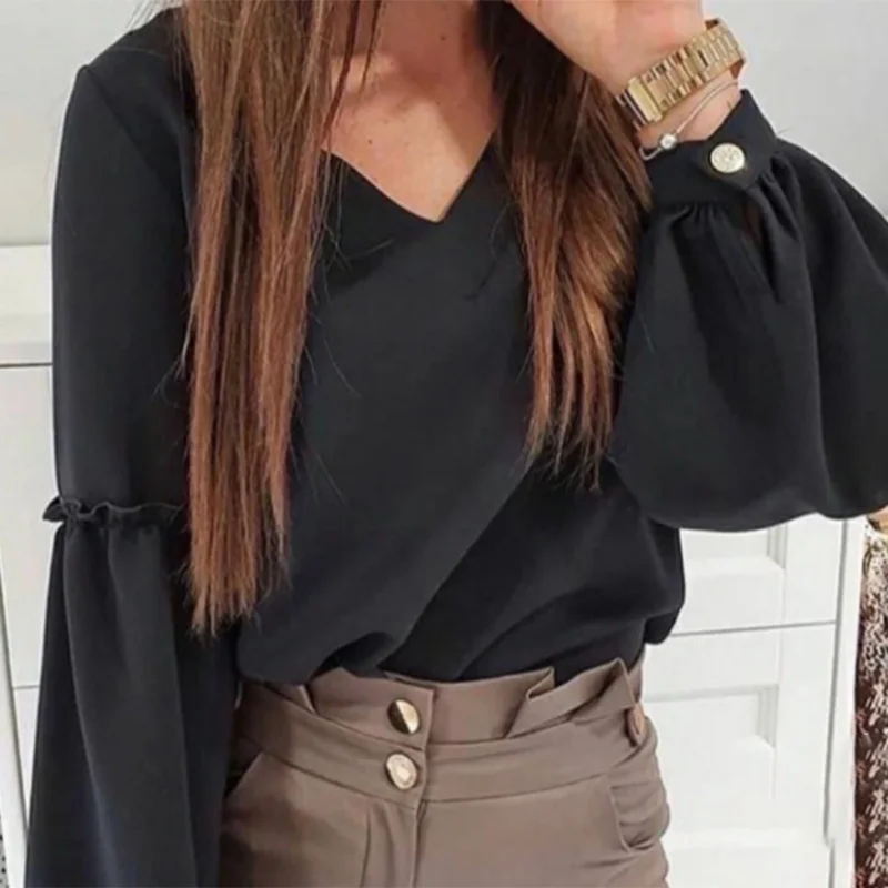 

Women Casual v-Neck Straight Solid Blouse Button Ruffles Lantern Sleeve Elegant Tops And Blouse 2020 Autumn Fashion Office Lady
