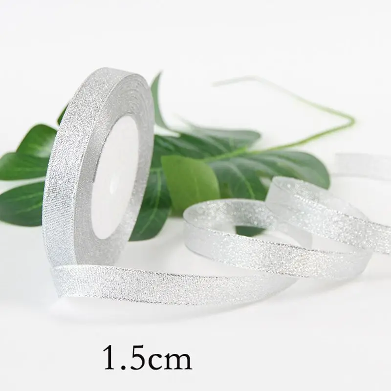 width 1.5cm 25 ярдов/рулон Золото Серебро шелковая атласная лента для рукоделия Свадебные Декоративные DIY органзы ленты лук Рождественский подарок поставки - Цвет: width 1.5cm