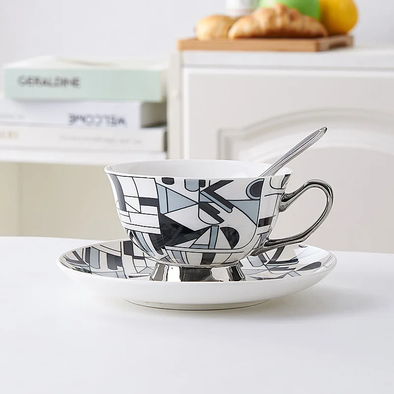 

Creative geometric ceramic coffee cup and saucer set British gold platinum afternoon tea cup black tea cup and saucer