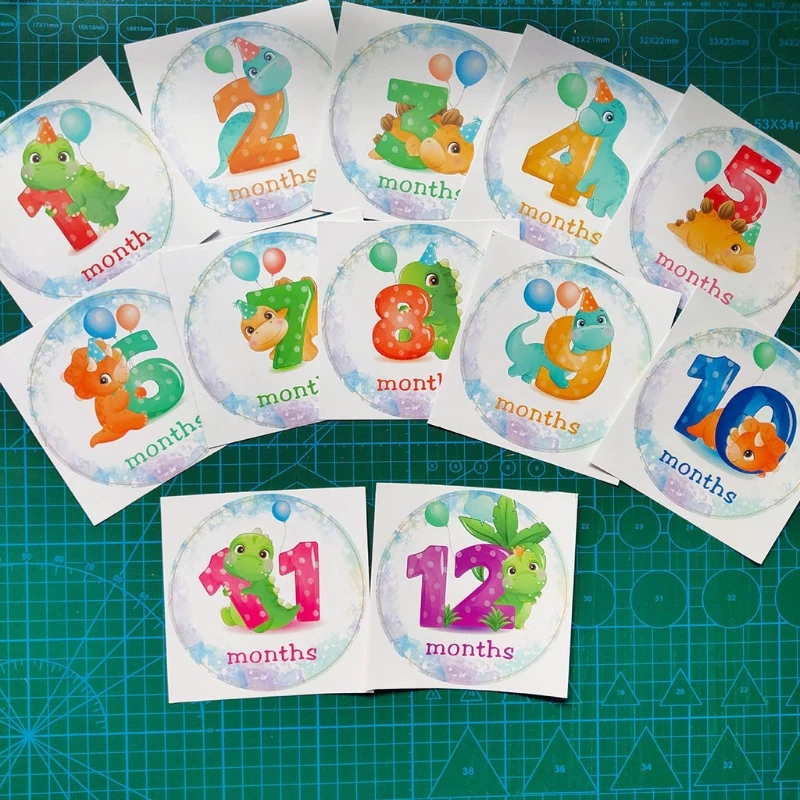 

12 Pcs/Set Baby Pregnant Monthly Stickers Cute Dinosaur Memory Recording Milestone Sticker Newborn Growth Photo Photography C5AF