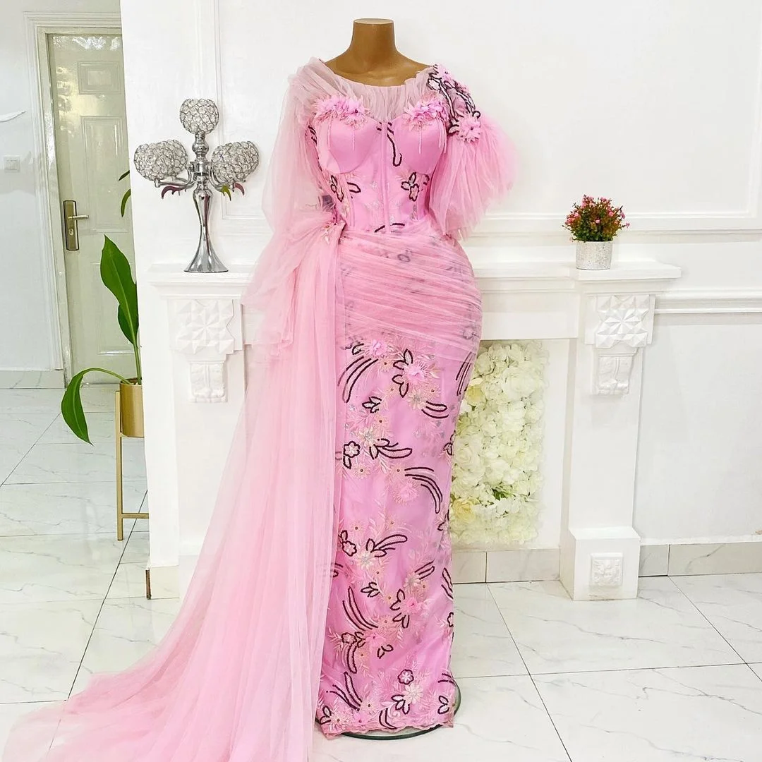 

Pink Mermaid Evening Dresses With Embroidery Appliques Flowers Short Sleeves Plus Size Prom Dress For African Dubai Wmen Gowns