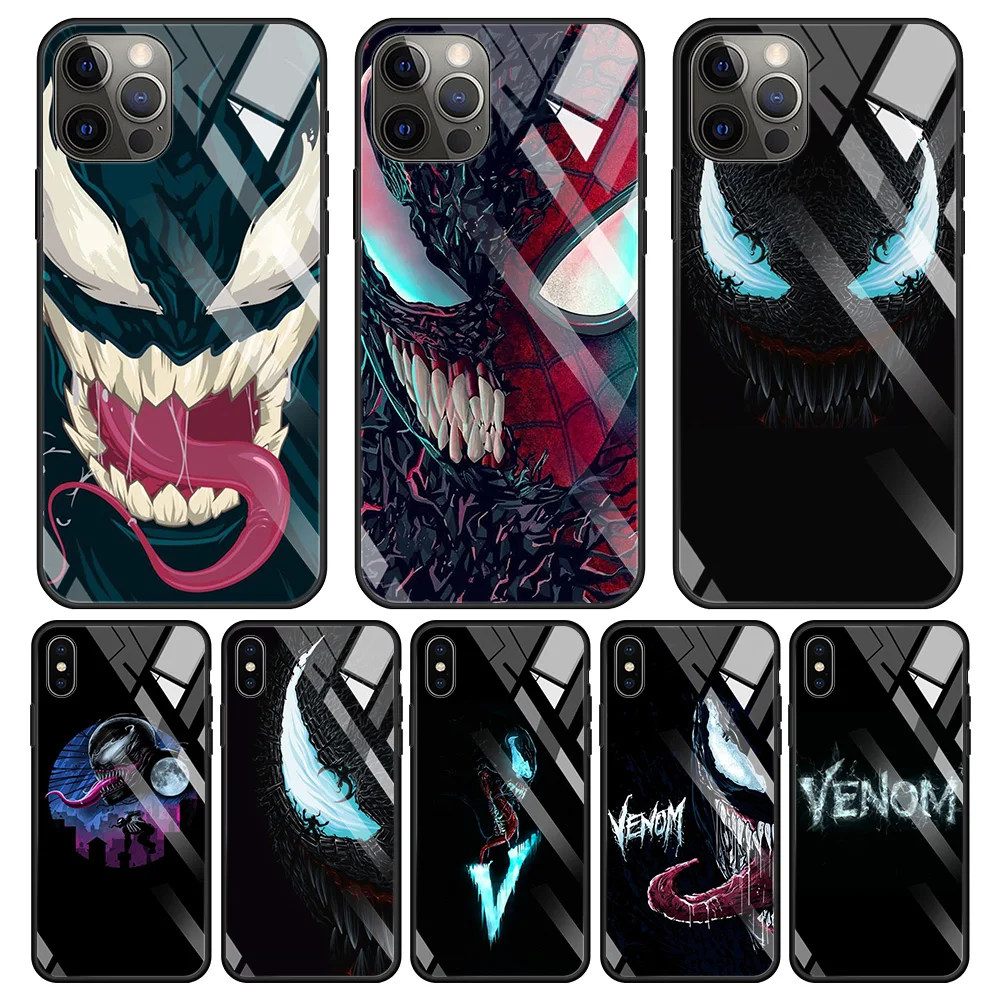 

Venom Marvel Tempered Glass Shell For App iPhone 13 12 11 Pro Max 13 12 Mini 8 7 6s X XR XS Max Plus SE 2020 Phone Case