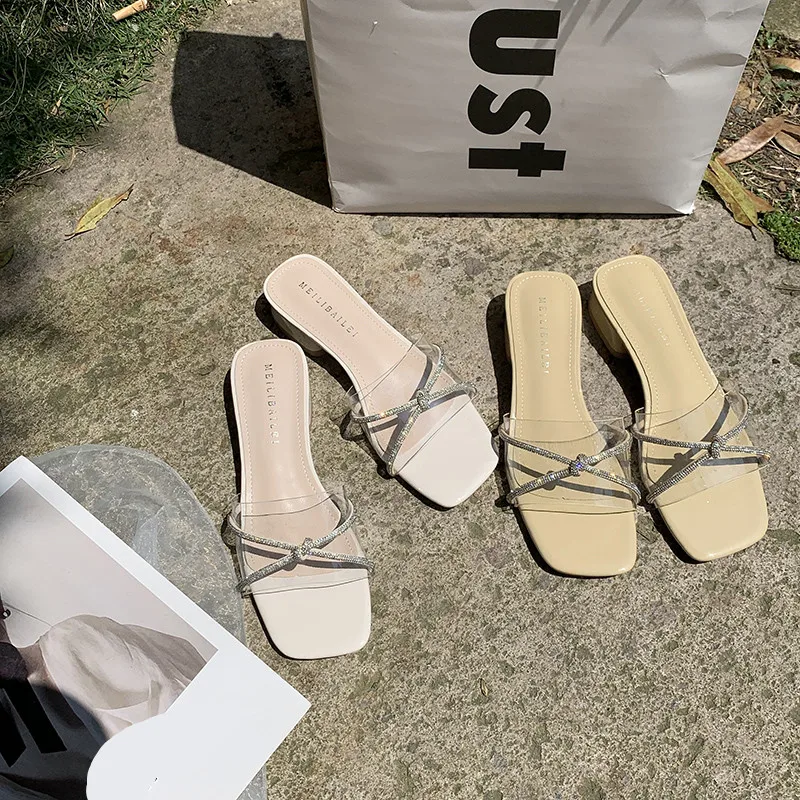 

Slippers Women Summer Luxury Slides Shoes Med Square heel Pantofle Designer Block 2021 Bonded Leather Hoof Heels PU Fashion Rome