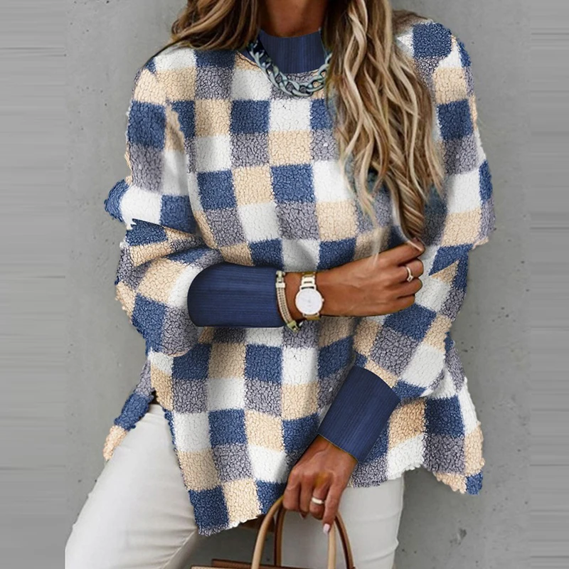 

Женский свитер с круглым вырезом и Боковым Разрезом, свободный джемпер в клетку в Корейском стиле, теплый мягкий пуловер с длинным рукавом, ...