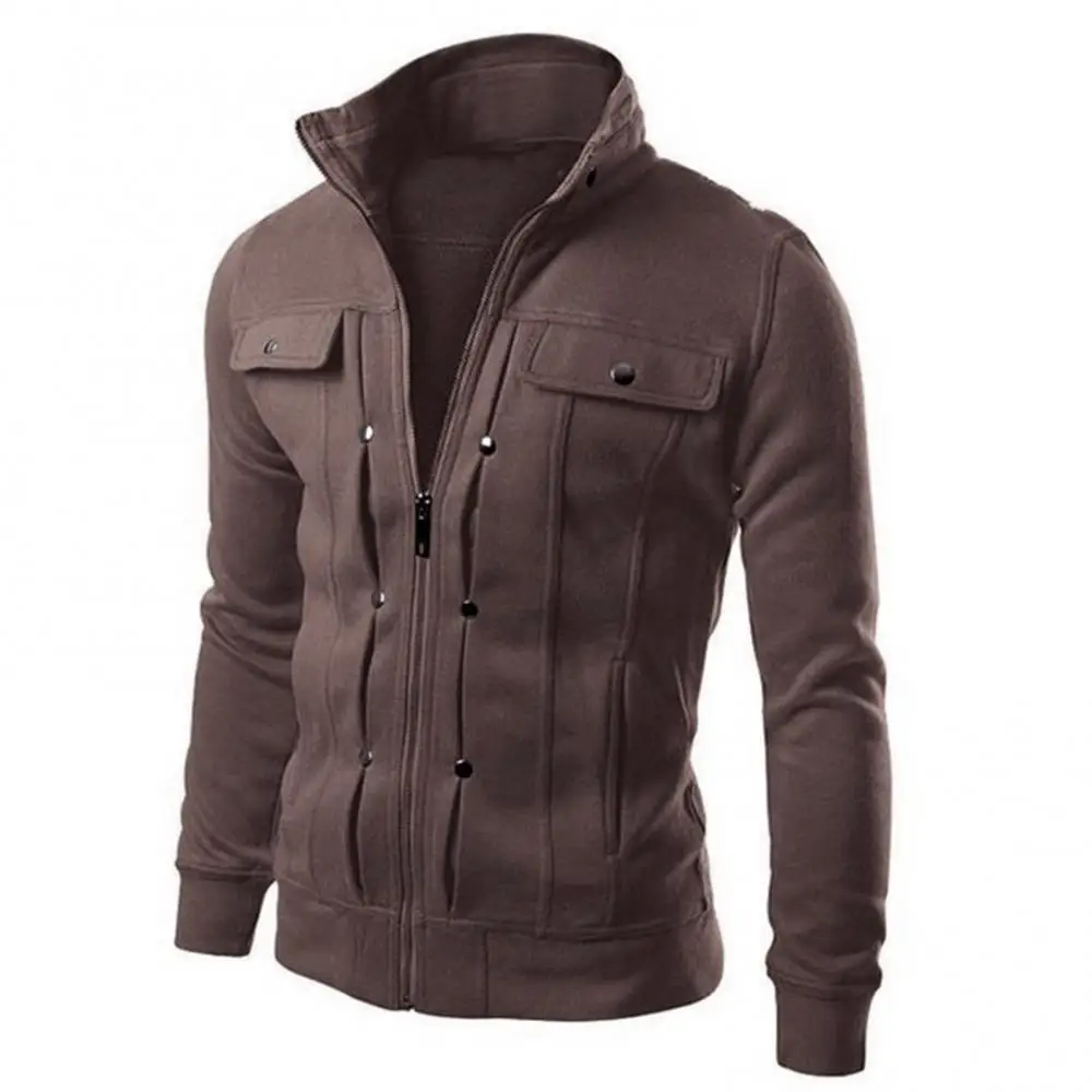 

New Mens Fashion Plus Size Solid Color Stand Collar Long Sleeve Zip Pocket Slim Jacket Coat Outdoor Outwear