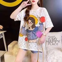 korean trend round neck short sleeve cartoon pattern hollow lace back letter printing top sleeve t shirt 2022 summer new female