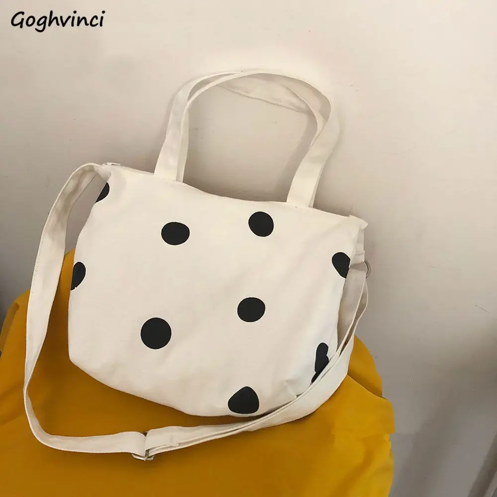 

Холщовые сумки через плечо в горошек для женщин, классические универсальные светильник кие модные ранцы в стиле преппи на молнии в стиле Ха...