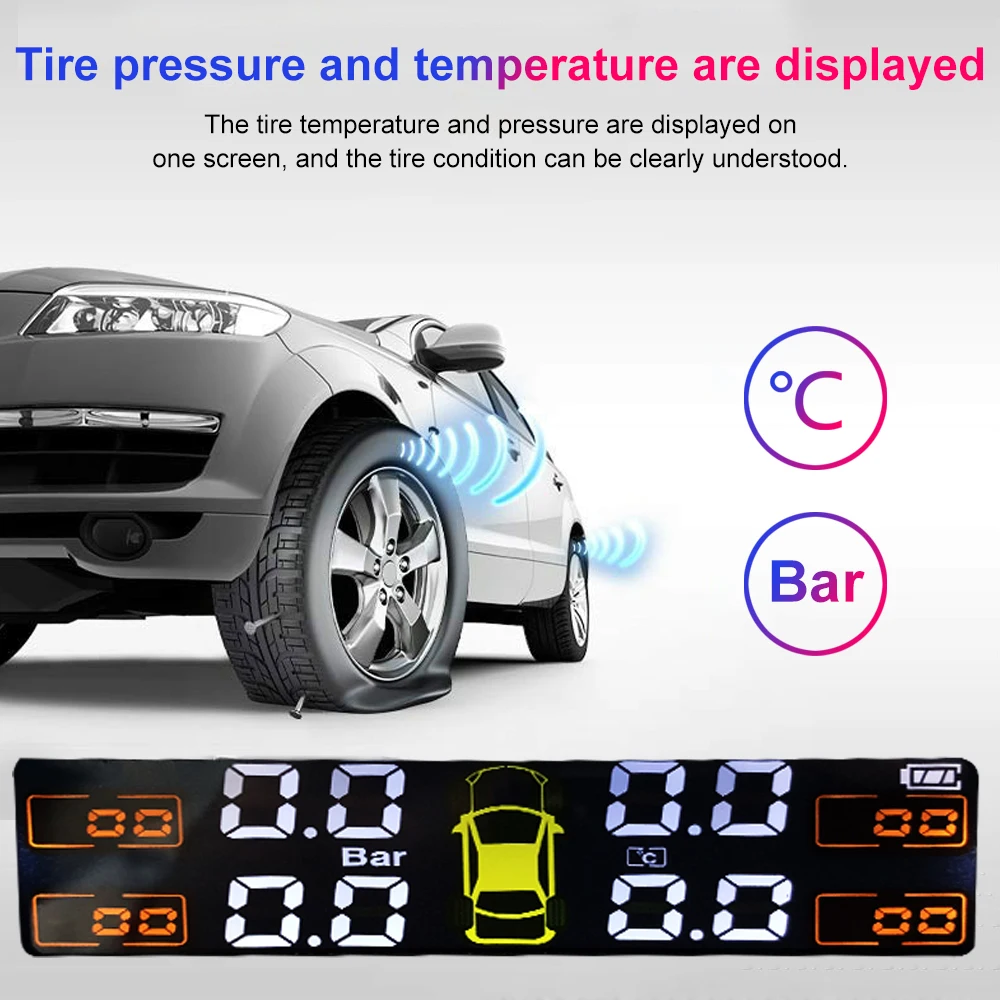 

TPMS Car Tire Pressure Alarm Monitor System Real-time Display Attached To Glass Wireless Solar Power With 4 Sensors