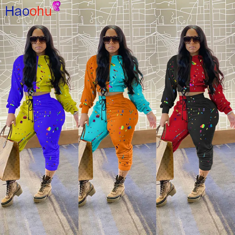 

HAOOHU Splash ink Graffiti Patchwork Sweatsuit Two 2 Piece Set for Women Outdoor Hooded Sweatshirt Pants Set Sporty Tracksuit