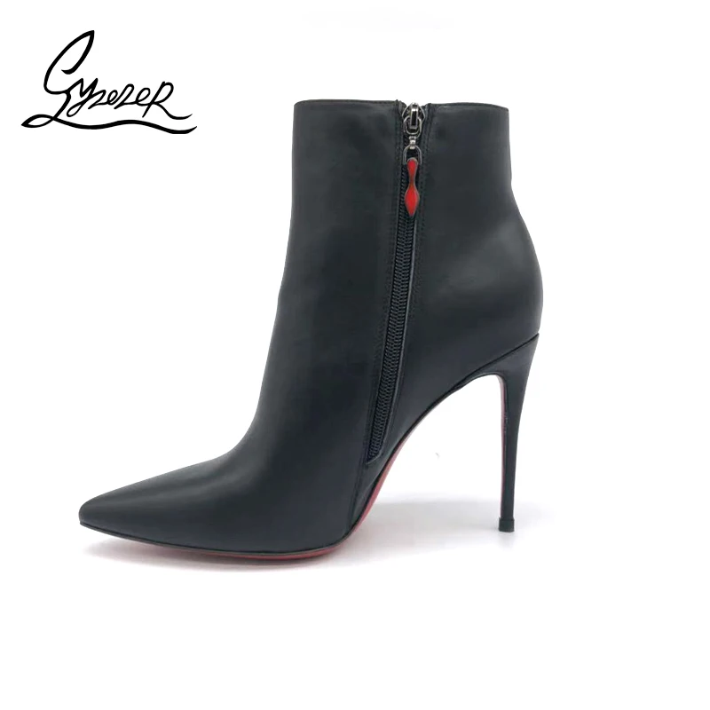 

Yuerui черные короткие сапоги женская обувь из натуральной кожи 8,5 см сексуальные с острым носком на шпильке модные простые удобные кожаные са...