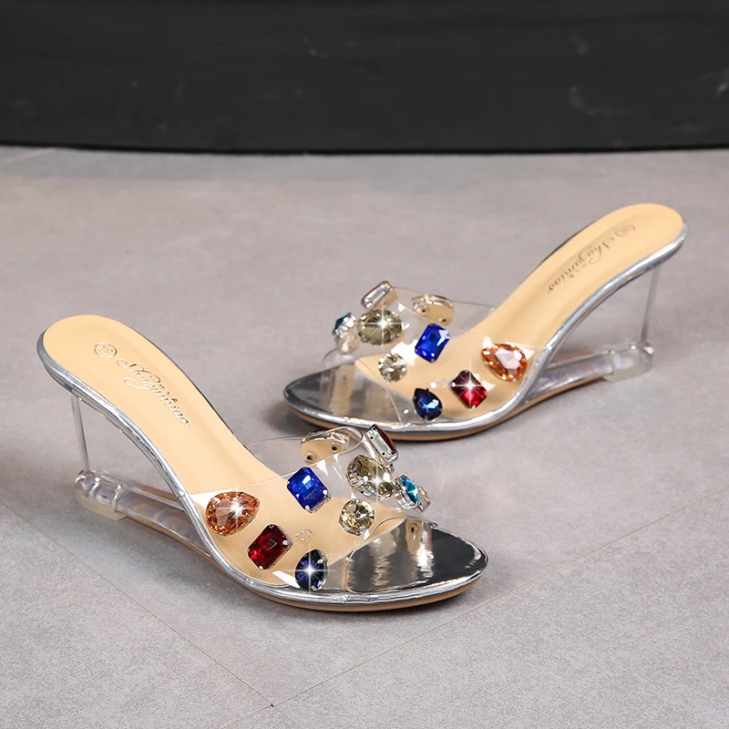 Sexy Rhinestone Clear Crystal Slides Stripper 6 CM 8 CM Wedges Heels Women's Shoes Nightclub Model Show Slippers Summer 2021 New