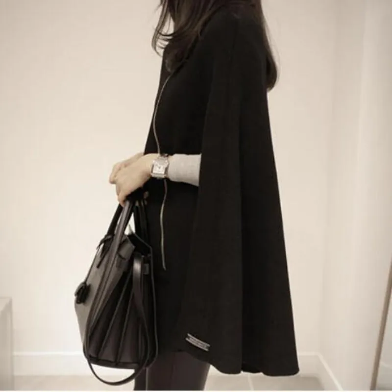 2020 Korean Brand Fashion New Womens Stand Collar Wool Blend Coats Ladies Loose Fit Thicken Cloak Cape Coat Jacket Size S-XL | Женская