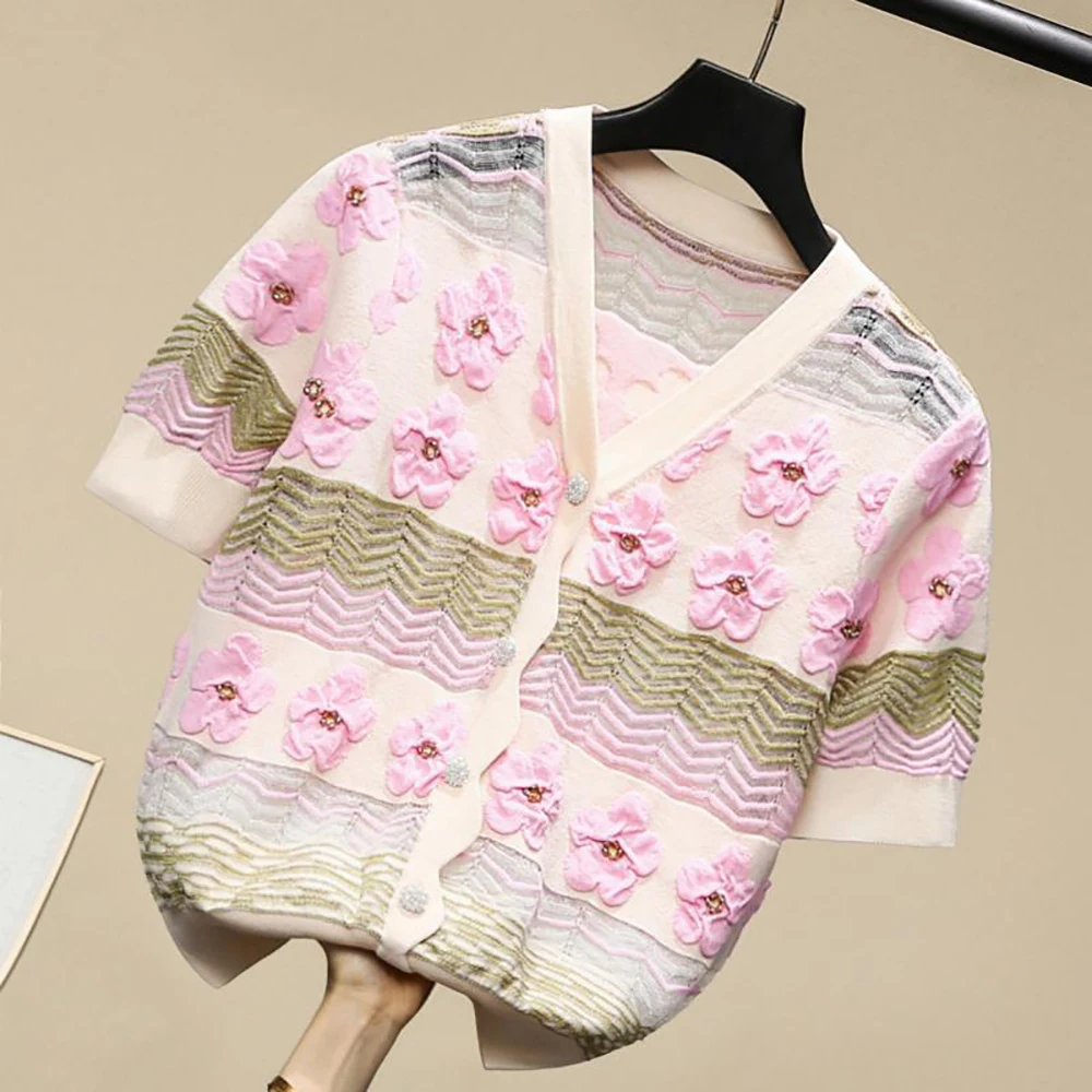 

Женский трикотажный кардиган с цветочным принтом, V-образным вырезом и коротким рукавом