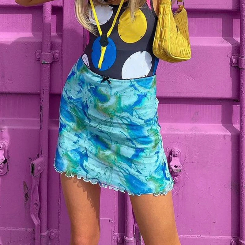 

Y2K Aesthetic Women Mini Skirt Two Layers Ruffle Hem High Waist Straight Skirt Korean Style Floral Printed 90s Vintage Clothes
