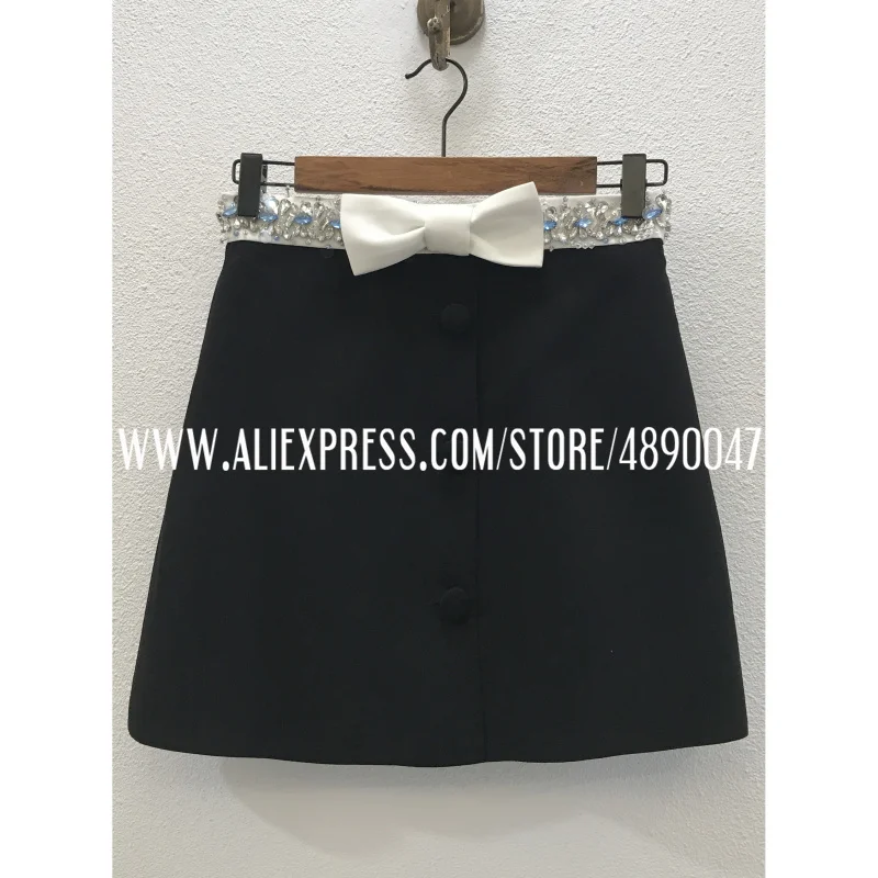 

Women's fashion rhinestones and beading embellished waist A-line skirt mini skirt contrast color bow knot slimming skirt