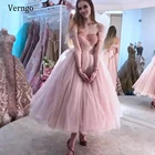 Платье принцессы Verngo для выпускного вечера, Короткое бальное платье до середины икры, с открытыми плечами, рюшами, буфами и бантом на спине, нежно-розовый тюль