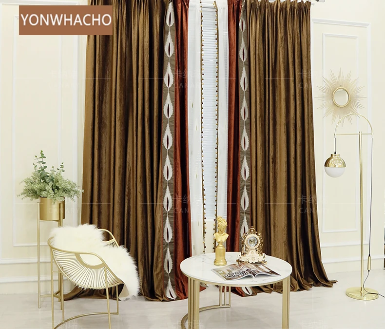 

Custom curtains luxury postmodern Nordic stitching solid flannel velvet coffee gold cloth blackout curtain tulle drape B849