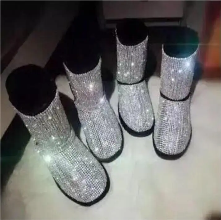 Зимние короткие ботинки Bling черные кожаные зимние Rhinestone без шнуровки на