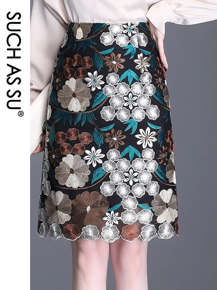 

New Lace Knee-Length Skirt Women Spring Summer High Waist Embroidery Plant Skirt S-3XL Plus Size Female OL Office Wrap Skirt