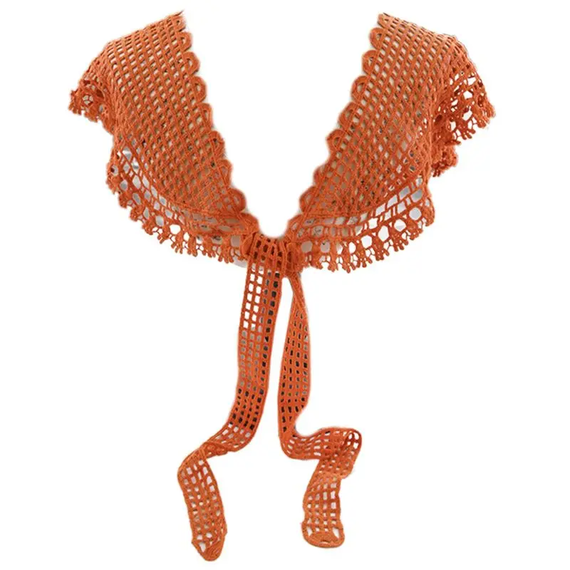 Ажурный вязаный шарф в сетку однотонный кружевной воротник с цветочной вышивкой