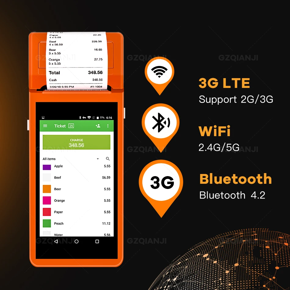 POS-терминал Android PDA с Wifi 3G термическим Bluetooth принтером 58 мм 1D 2D QR камерой штрих-код сканером бесплатным приложением Loyverse включен.