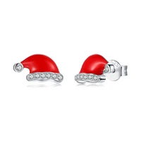 santa hat cute crystal red enamel stud earrings 925 sterling silver rhinestone for women xmas jewelry christmas gift for girls