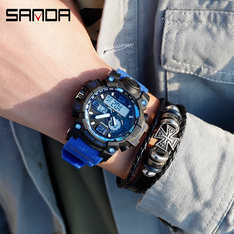 Цифровые спортивные часы Sanda водонепроницаемые ударные цветные деловые мужские
